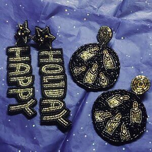 NEW SET 2 Happy New Year's Eve Crystal Star Black Gold & Beaded Holiday Earrings